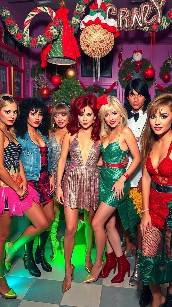 Guests at an 80s themed Christmas party wearing sequined dresses, power suits, and denim jackets with festive decorations.